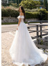 Beaded Ivory Lace Tulle Off Shoulder Slit Wedding Dress